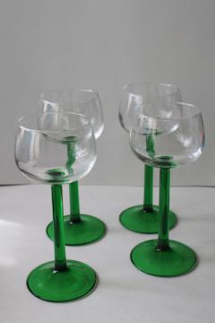 catalog photo of vintage Cristal darques France Rhine wine glasses, crystal clear w/ emerald green stems 