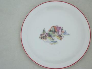 catalog photo of vintage Crooksville china petit-point cottage print cake plate or platter