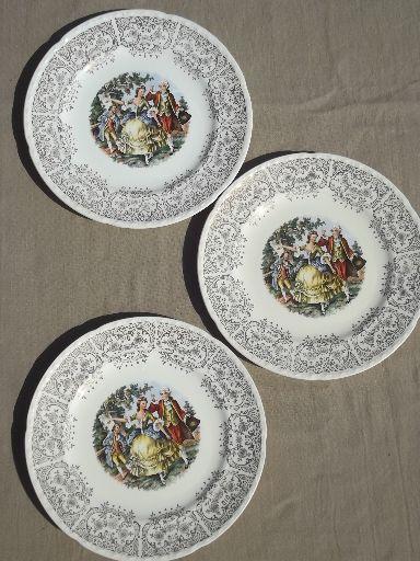 photo of vintage Crooksville china plates, colonial couple w/ gold lace border #1