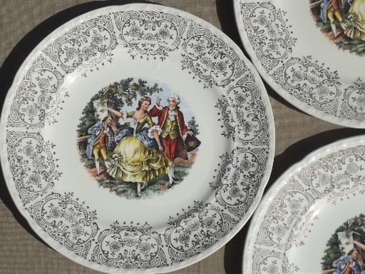 photo of vintage Crooksville china plates, colonial couple w/ gold lace border #2