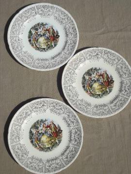 catalog photo of vintage Crooksville china plates, colonial couple w/ gold lace border