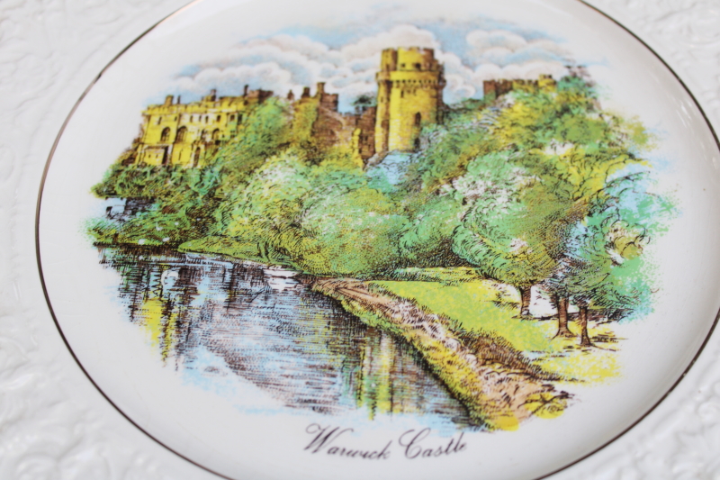 photo of vintage Crown Devon England china plate, souvenir w/ scene of Warwick Castle  #2