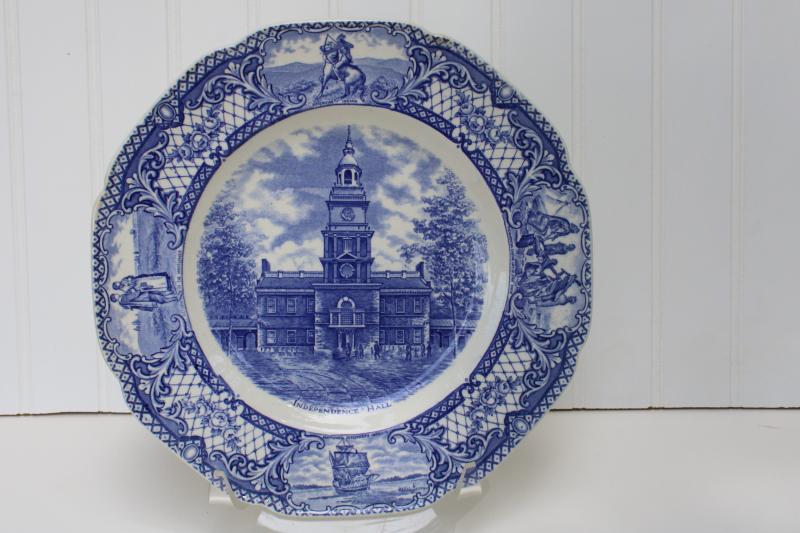 photo of vintage Crown Ducal Colonial Times blue & white china dinner plate Independence Hall #1