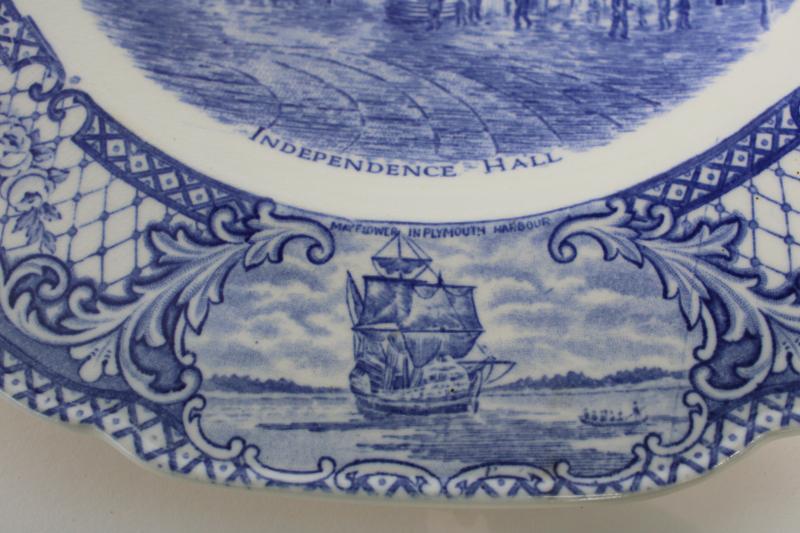 photo of vintage Crown Ducal Colonial Times blue & white china dinner plate Independence Hall #4