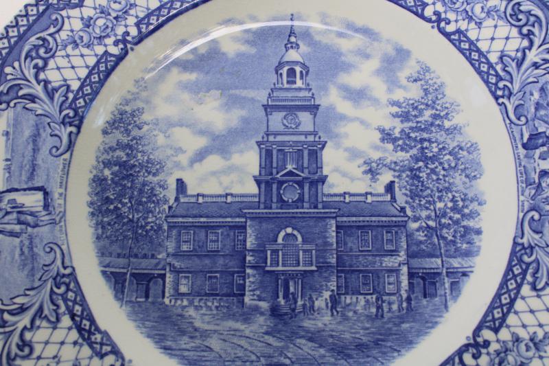 photo of vintage Crown Ducal Colonial Times blue & white china dinner plate Independence Hall #6