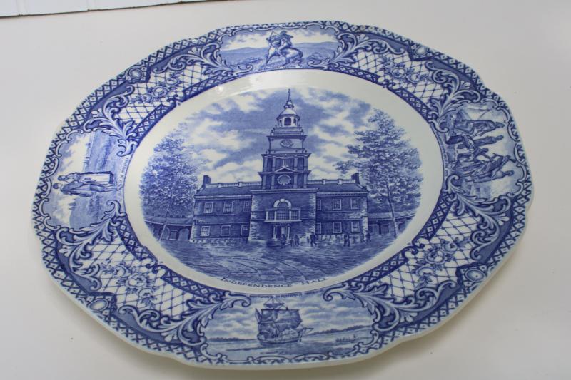 photo of vintage Crown Ducal Colonial Times blue & white china dinner plate Independence Hall #7