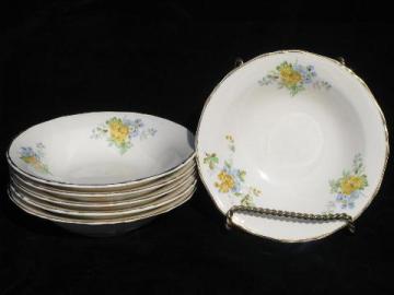 catalog photo of vintage Crown Potteries china bowls, forget-me-not flowers in blue & yellow