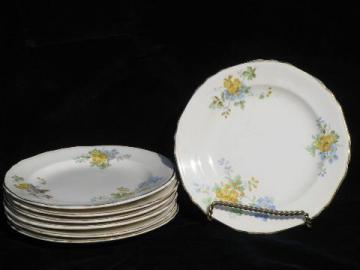 catalog photo of vintage Crown Potteries china cake plates, forget-me-not flowers in blue & yellow
