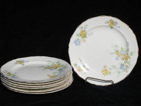 photo of vintage Crown Potteries china dinner plates, forget-me-not flowers in blue & yellow #1