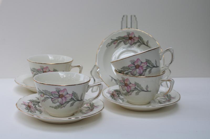 photo of vintage Crown Potteries cups & saucers pink grey floral southern charm magnolias or dogwood #1