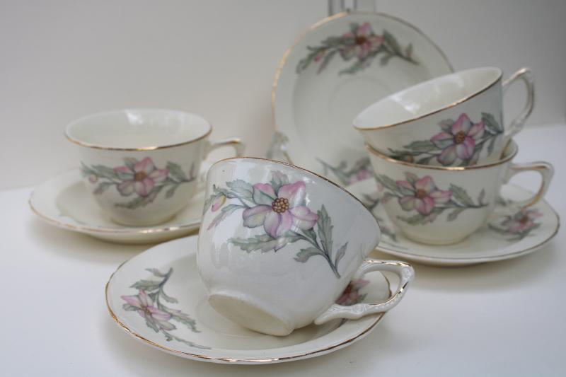 photo of vintage Crown Potteries cups & saucers pink grey floral southern charm magnolias or dogwood #2