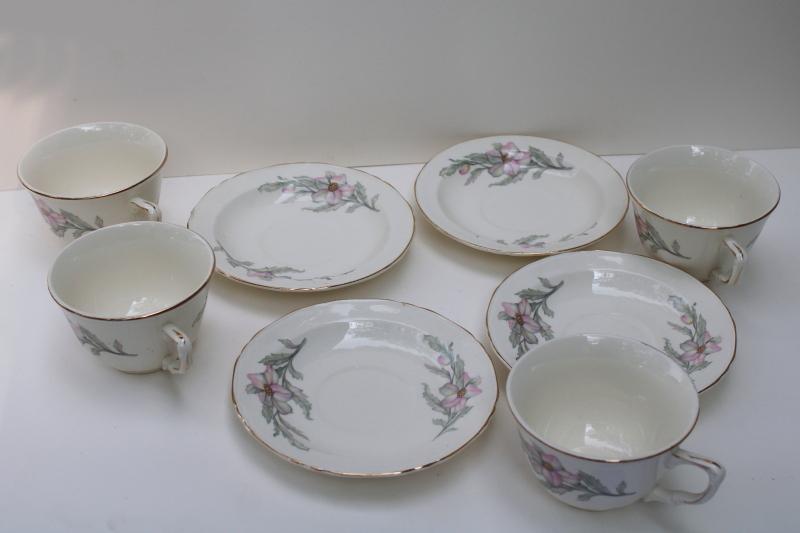 photo of vintage Crown Potteries cups & saucers pink grey floral southern charm magnolias or dogwood #3