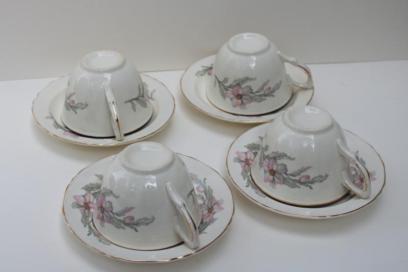 photo of vintage Crown Potteries cups & saucers pink grey floral southern charm magnolias or dogwood #4