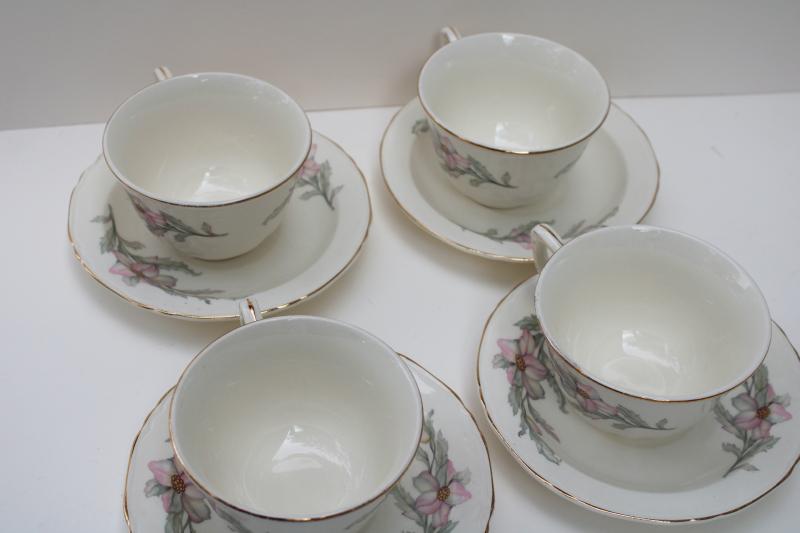 photo of vintage Crown Potteries cups & saucers pink grey floral southern charm magnolias or dogwood #5