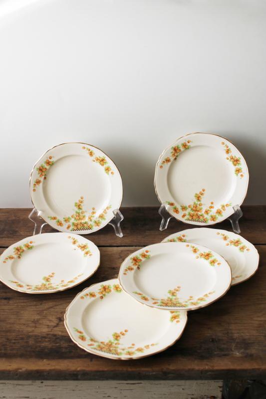 photo of vintage Crown potteries orange clover pattern dishes, set of 6 small plates depression era #1