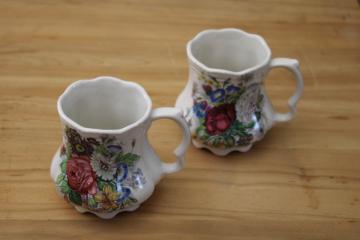 catalog photo of vintage Crownford England china tea mugs or coffee cups, English garden floral bouquet