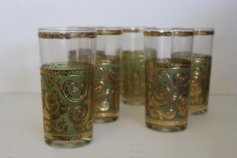 photo of vintage Culver drinking glasses, Toledo gold scrolls on green, glass tumblers s #1