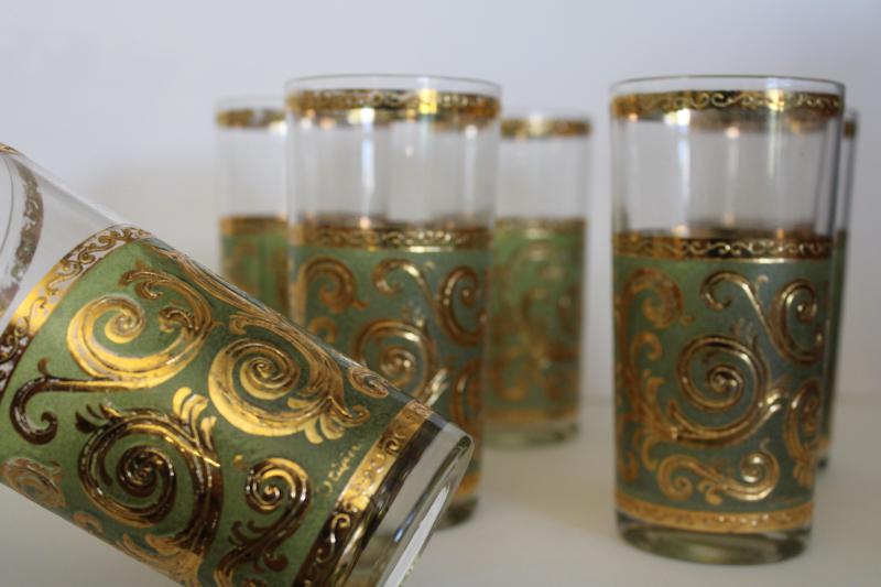 photo of vintage Culver drinking glasses, Toledo gold scrolls on green, glass tumblers s #2