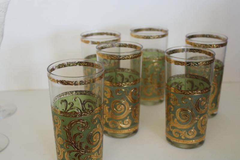 photo of vintage Culver drinking glasses, Toledo gold scrolls on green, glass tumblers s #3