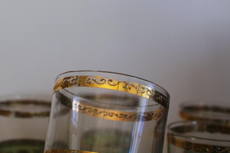 photo of vintage Culver drinking glasses, Toledo gold scrolls on green, glass tumblers s #4