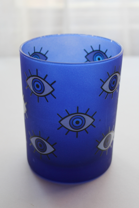 photo of vintage Culver evil eye drinking glass, cobalt blue frosted finish w/ eyes, double old fashioned tumbler  #1