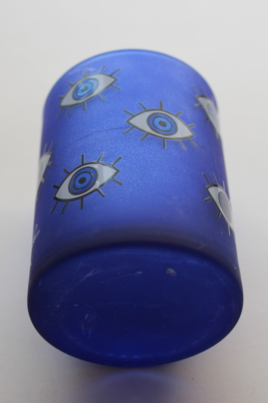 photo of vintage Culver evil eye drinking glass, cobalt blue frosted finish w/ eyes, double old fashioned tumbler  #2