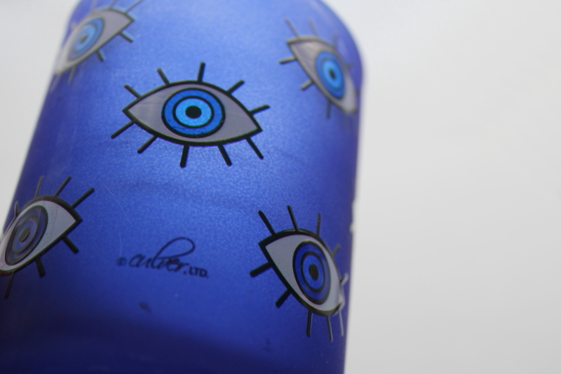 photo of vintage Culver evil eye drinking glass, cobalt blue frosted finish w/ eyes, double old fashioned tumbler  #3