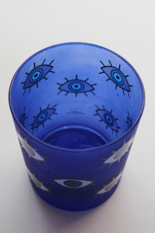 photo of vintage Culver evil eye drinking glass, cobalt blue frosted finish w/ eyes, double old fashioned tumbler  #5