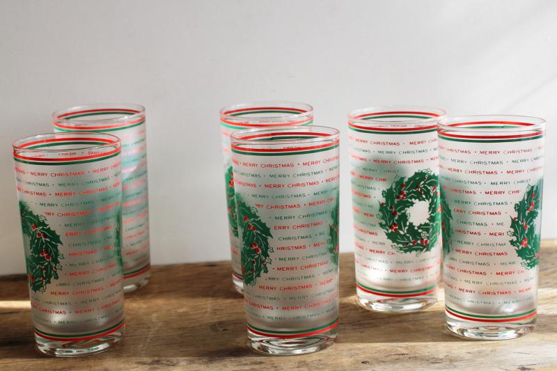 photo of vintage Culver highball glasses, red & green Merry Christmas frosted glass tumblers #1