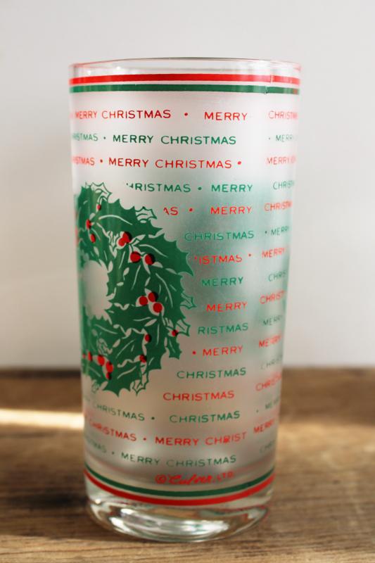 photo of vintage Culver highball glasses, red & green Merry Christmas frosted glass tumblers #2