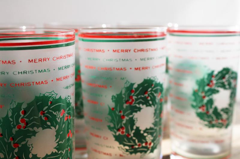 photo of vintage Culver highball glasses, red & green Merry Christmas frosted glass tumblers #4