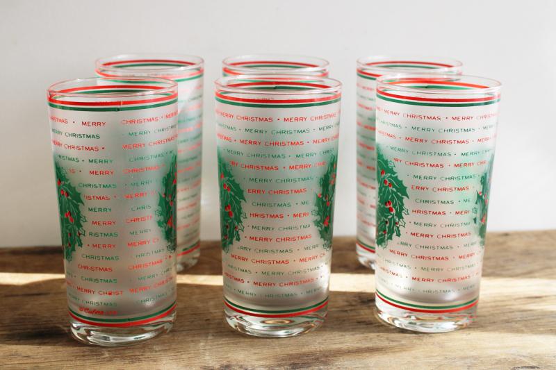 photo of vintage Culver highball glasses, red & green Merry Christmas frosted glass tumblers #6