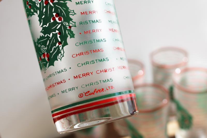 photo of vintage Culver highball glasses, red & green Merry Christmas frosted glass tumblers #7