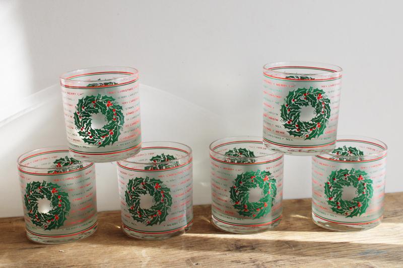 photo of vintage Culver lowball glasses, red & green Merry Christmas frosted glass tumblers #1