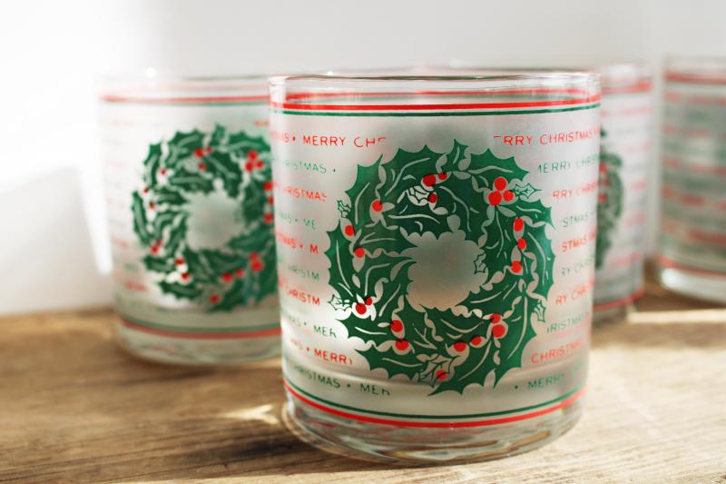 photo of vintage Culver lowball glasses, red & green Merry Christmas frosted glass tumblers #2