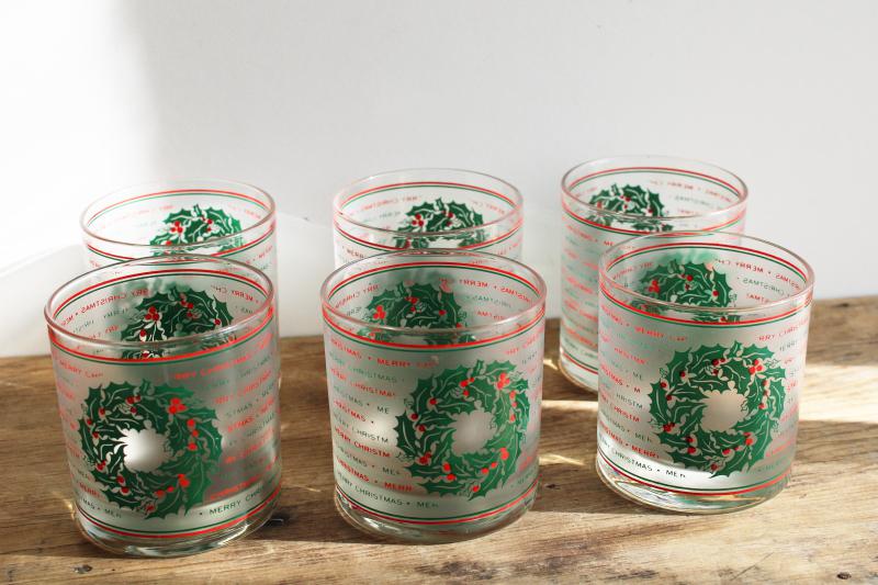 photo of vintage Culver lowball glasses, red & green Merry Christmas frosted glass tumblers #3