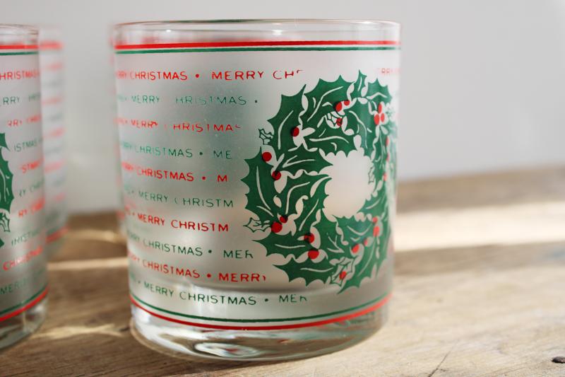 photo of vintage Culver lowball glasses, red & green Merry Christmas frosted glass tumblers #5