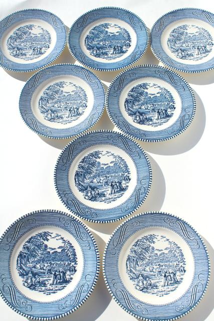 photo of vintage Currier & Ives blue and white china bread & butter plates, harvest scene #1