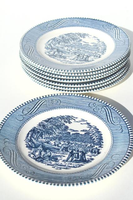 photo of vintage Currier & Ives blue and white china bread & butter plates, harvest scene #3