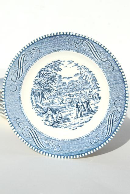 photo of vintage Currier & Ives blue and white china bread & butter plates, harvest scene #4