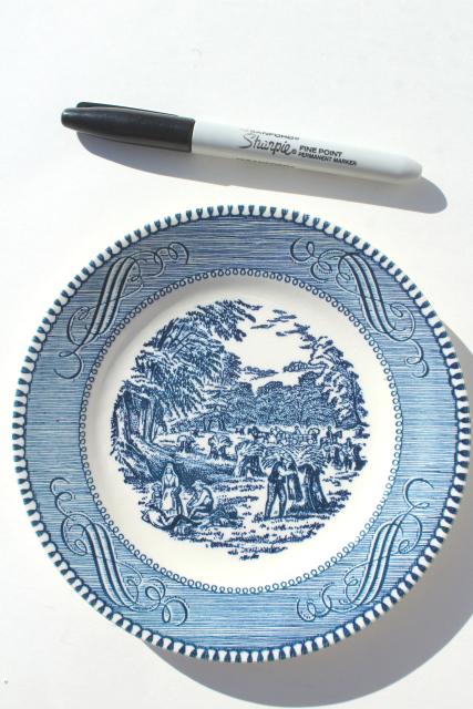 photo of vintage Currier & Ives blue and white china bread & butter plates, harvest scene #5