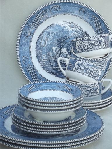 photo of vintage Currier & Ives blue and white china dishes, dinnerware set for 4 #1