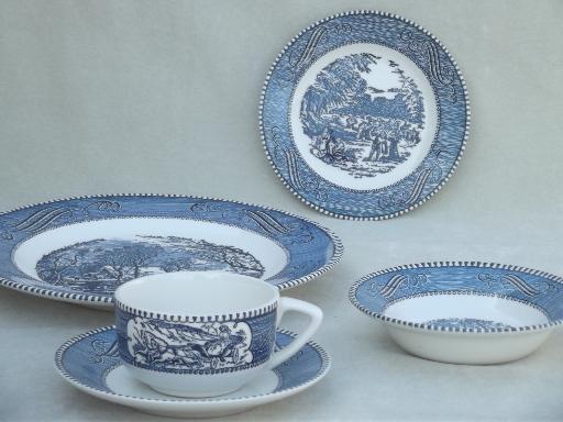 photo of vintage Currier & Ives blue and white china dishes, dinnerware set for 4 #2