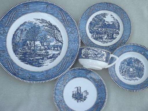 photo of vintage Currier & Ives blue and white china dishes, dinnerware set for 4 #3