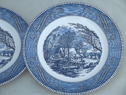 photo of vintage Currier & Ives blue and white china dishes, dinnerware set for 4 #5