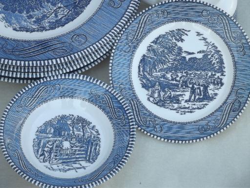 photo of vintage Currier & Ives blue and white china dishes, dinnerware set for 4 #6