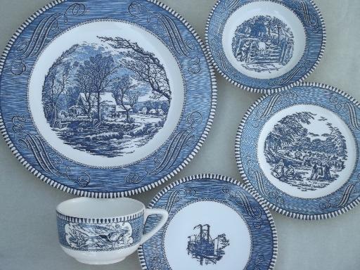 photo of vintage Currier & Ives blue and white china dishes, dinnerware set for 6 #3