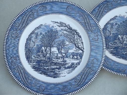 photo of vintage Currier & Ives blue and white china dishes, dinnerware set for 6 #5