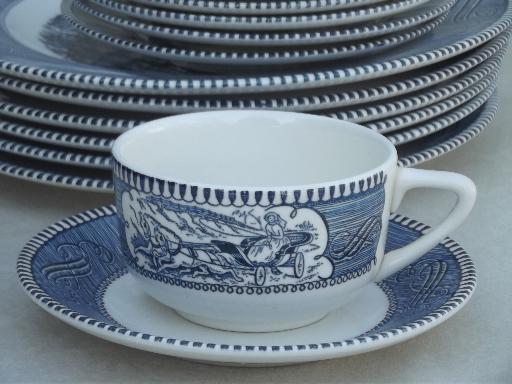 photo of vintage Currier & Ives blue and white china dishes, dinnerware set for 6 #7