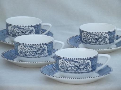 photo of vintage Currier & Ives blue and white china dishes set of cups and saucers #1